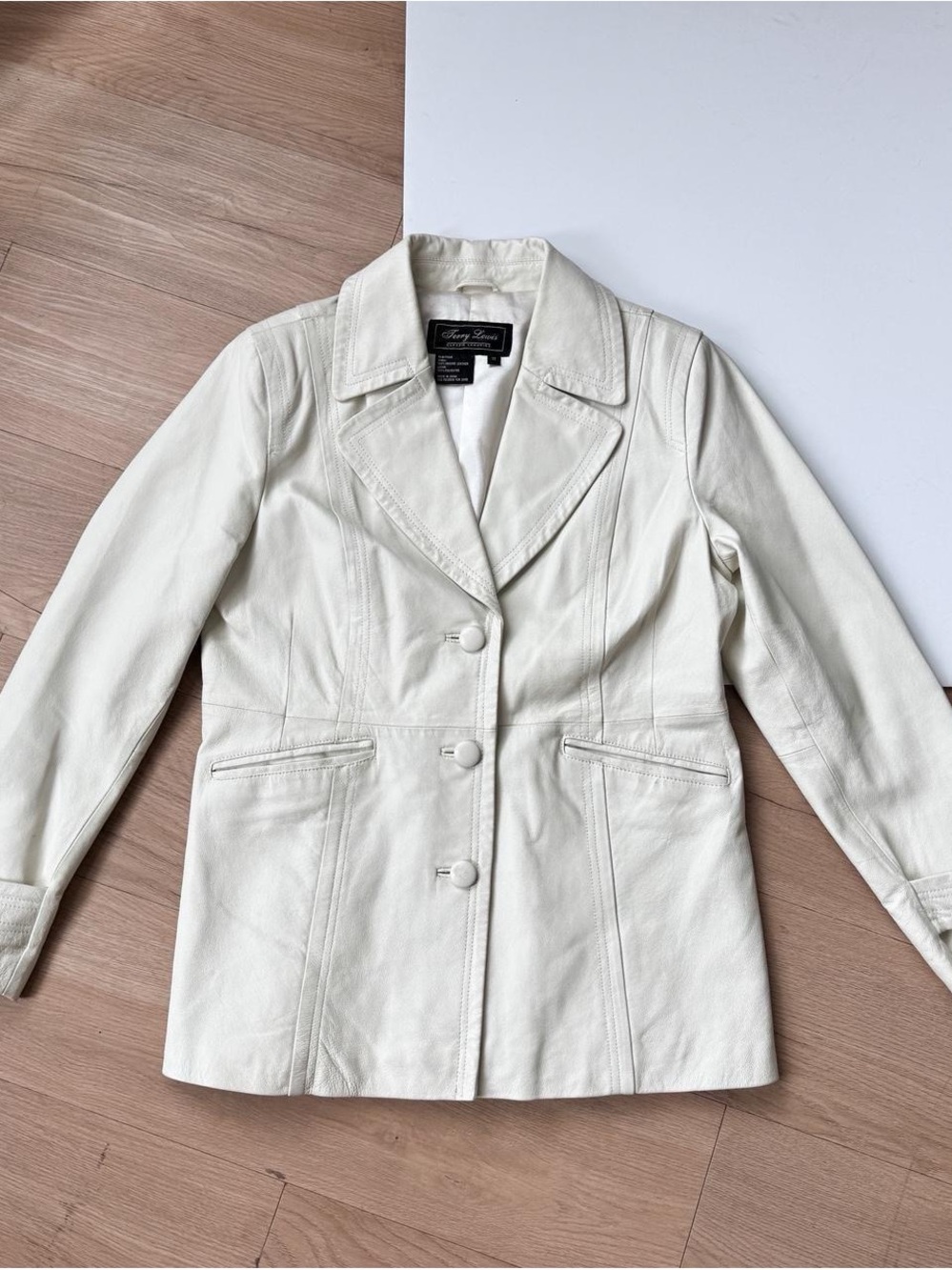 Vintage White Leather Jacket Medium Button Up 90s Chic Minimal Terry Lewis